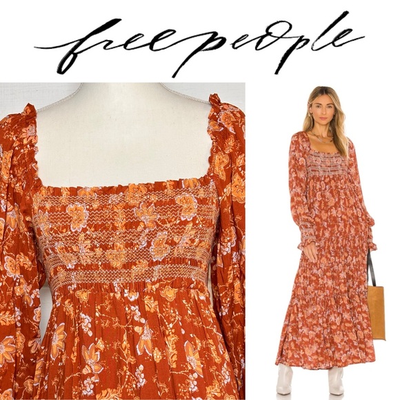 Free People Dresses & Skirts - Free People NWT Sweet Escape Long Sleeve Dress Smocked in Mocha Floral Sz Small
